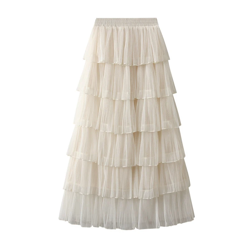 

2024 Spring Autumn Elastic Waist Loose Long Skirts Fashion Layered Pleats Cake Skirt Elegant Women Solid Color Mesh Half Skirts