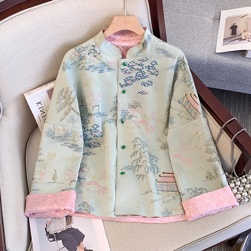 

Новый китайский костюм из ацетата с тяжелой вышивкой, двусторонняя одежда, длинный костюм Све Тан, винтажный топ с вышивкой Faiona...