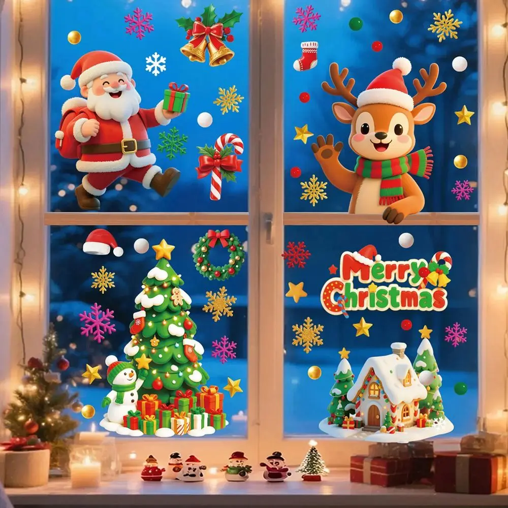 9PCS/Set Multicolor Merry Christmas Window Sticker Electrostatic DIY Accessories Cartoon Santa Glass Decals Scene Making