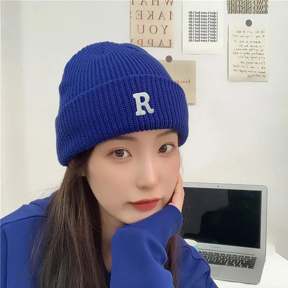 Fashion Letter Embroidery Fleece Warm Knitted Hat Woolen Yarn Soft Knitted Hat Winter Warm Crochet Hats Women Girls Maiden image 2