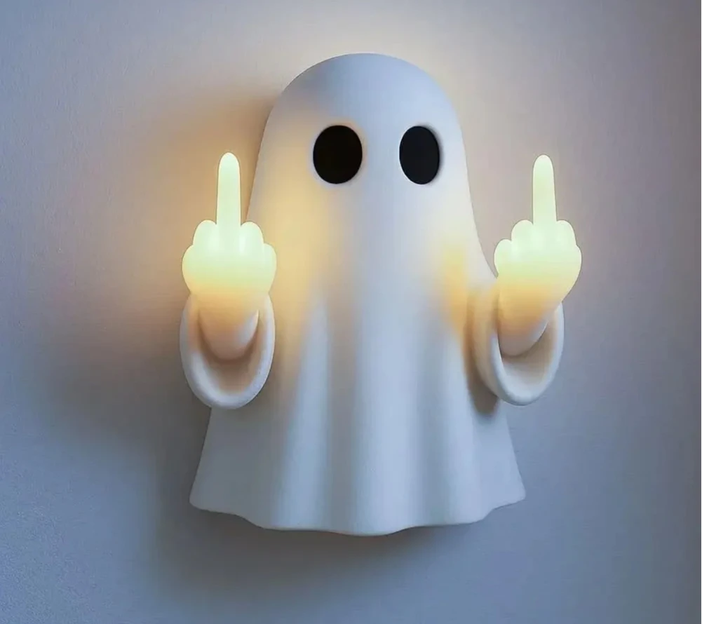 Halloween Ghost Middle Finger Glowing Night Light – Resin Spooky Desk Lamp for Porch, Bedroom, Balcony, Holiday Decor
