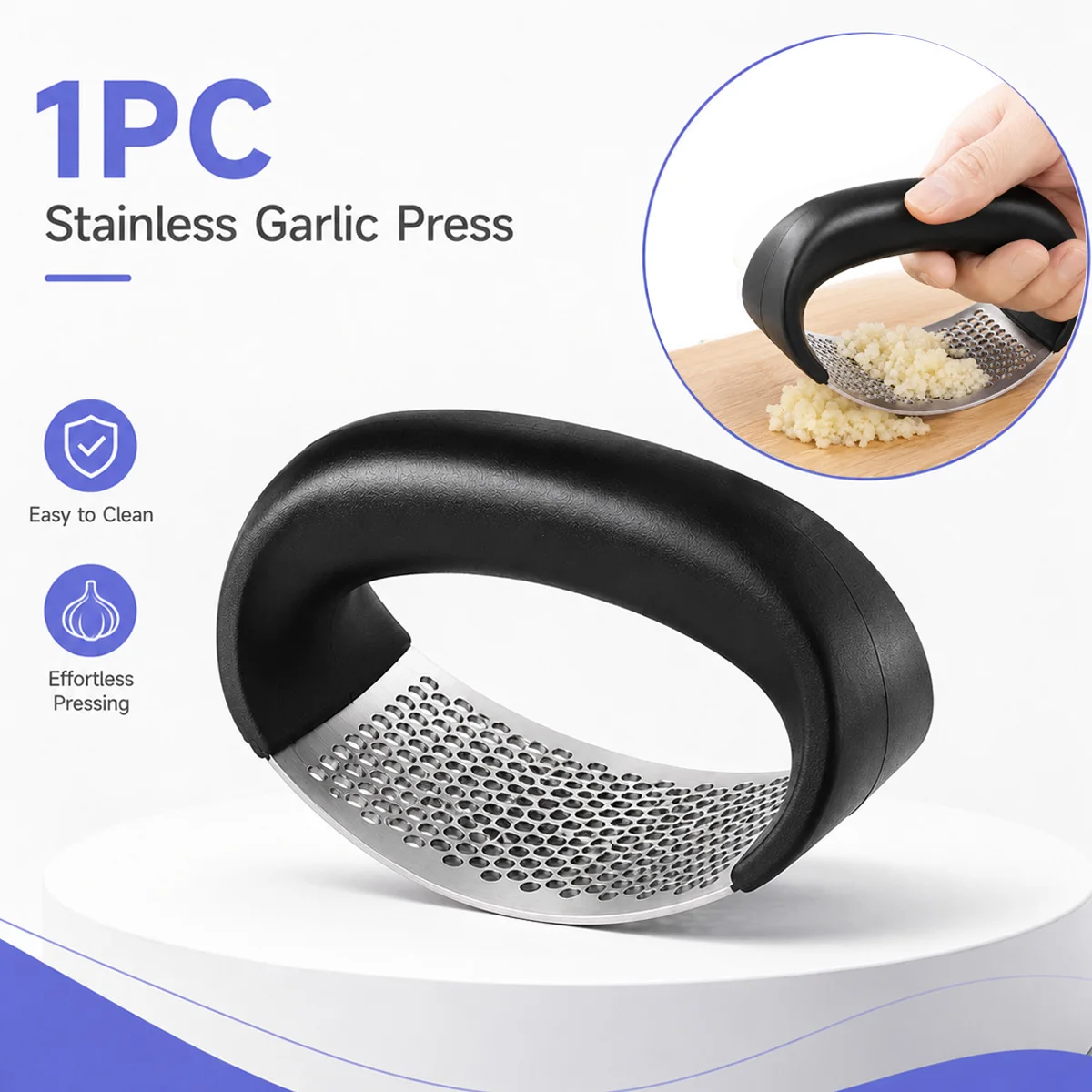 1PC Garlic Press Rocker Stainless Steel Manual Garlic Crusher Comfortable Grip Easy Clean Kitchen Tool for Mincing Garlic Ginger