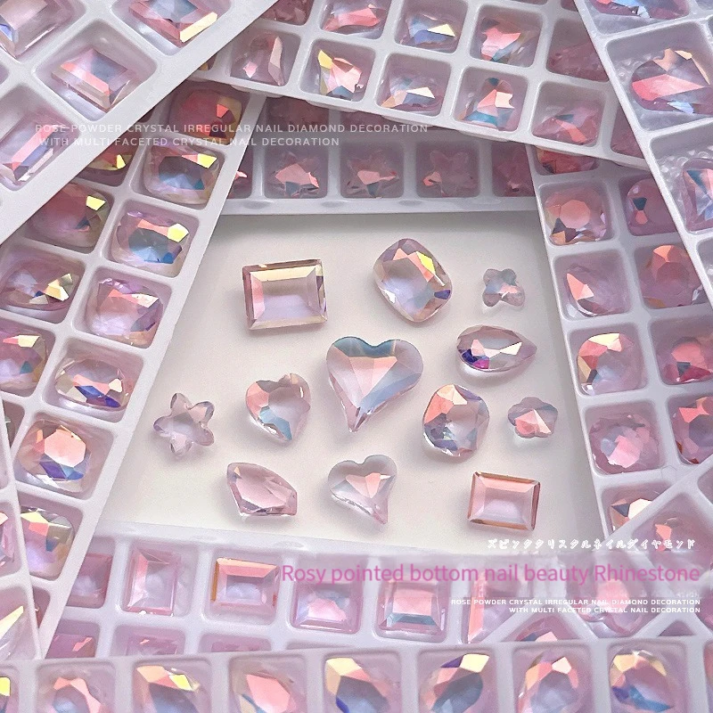 Nail Art Ice Through Heart-shaped Diamond Nail Art Decorations  Glass Pointed Bottom Pink Crystal Water Drop Aurora 10pcs