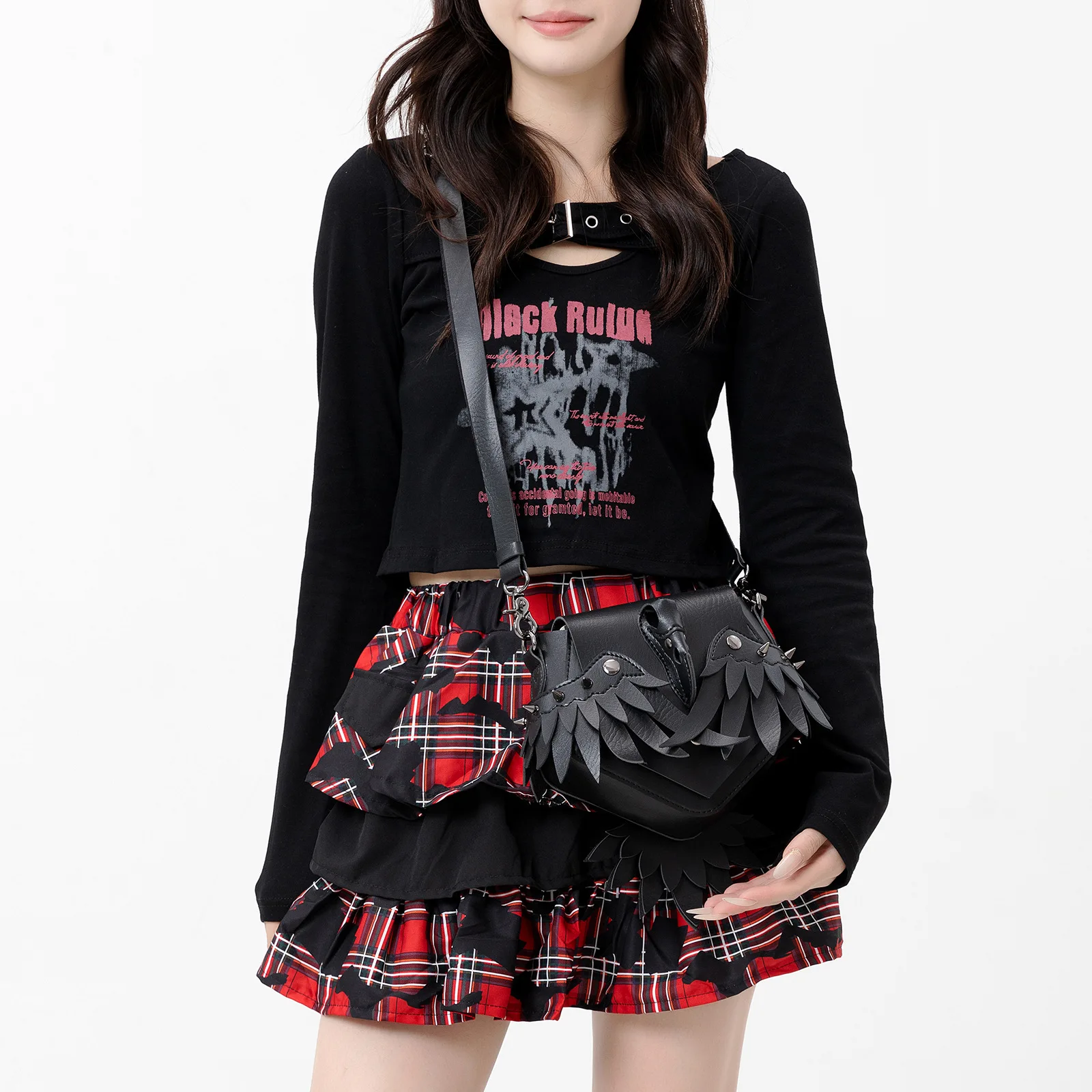 Gothic-Style Opened Crow-Wings Personalized Messenger Bag Steampunk Dark Punk Studded Pu Subculture Waist Bag Pu Lerther