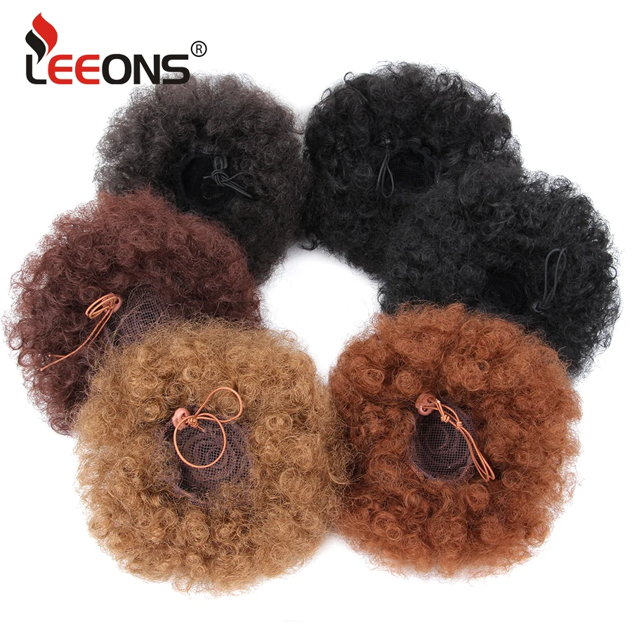 Leeons Large Afro Puff Drawstring Ponytail Synthetic Short Afro Kinkys Curly Afro Bun Extension Hairpieces Updo Hair Extensions