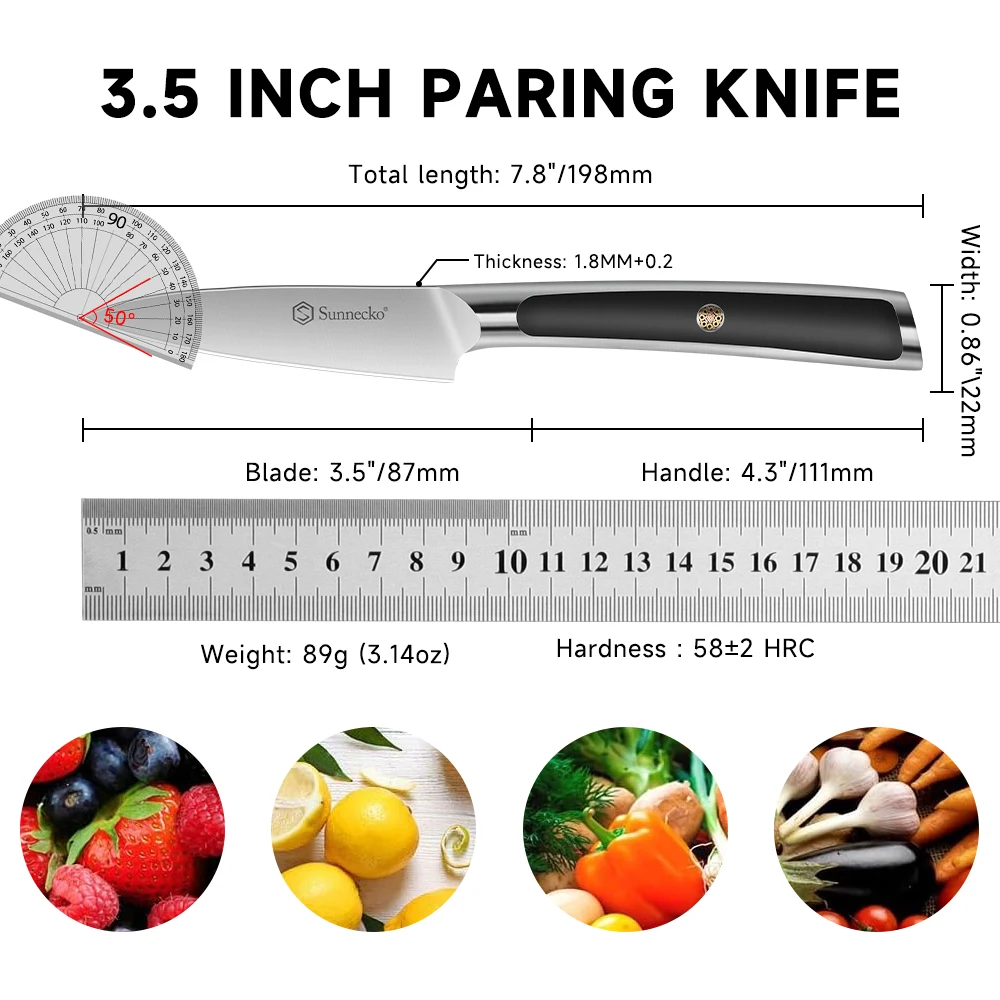 Sunnecko 3.5 Inch Fruit Paring Knife High Carbon Stainless Steel Japanese Slicing Knife Utility Chef's Cutting Knife ABS Handle