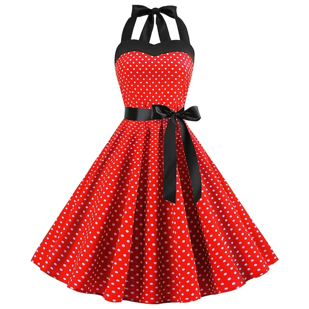 Women\'s Rockabilly Dress Polka Dots Swing Flare Dress with Accessories Set Earrings Necklace Headband Glasses Dress