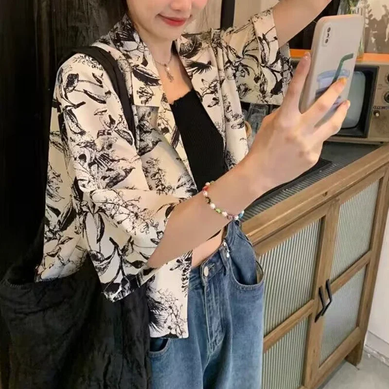 Shirts Women Korean Fashion Ink Painting Printed Sweet All-match Streetwear Short-sleeved Loose Fit Cropped Tops Summer Students