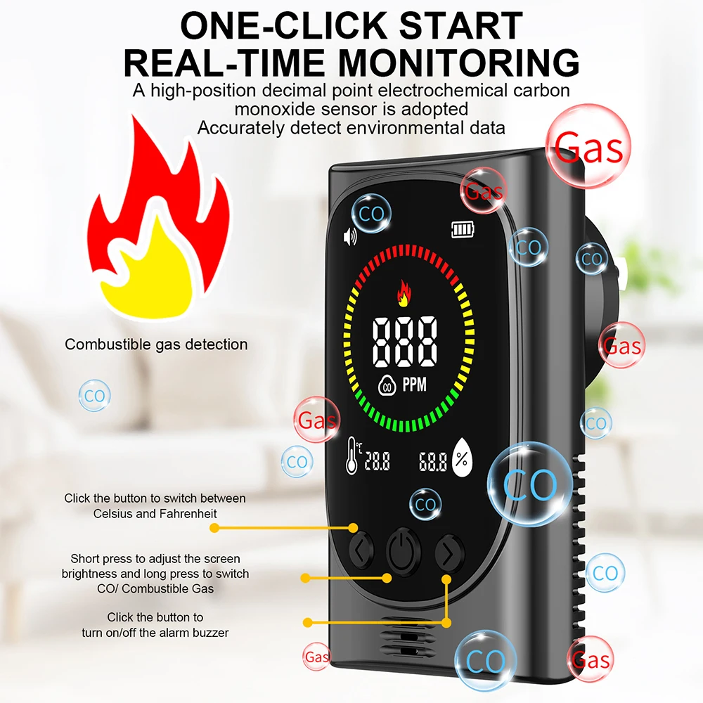 Air Quality Detector Portable Carbon Monoxide Alarm Anti Poisoning Monitoring Leak Detection Device Display Analyzer Tools EU/US