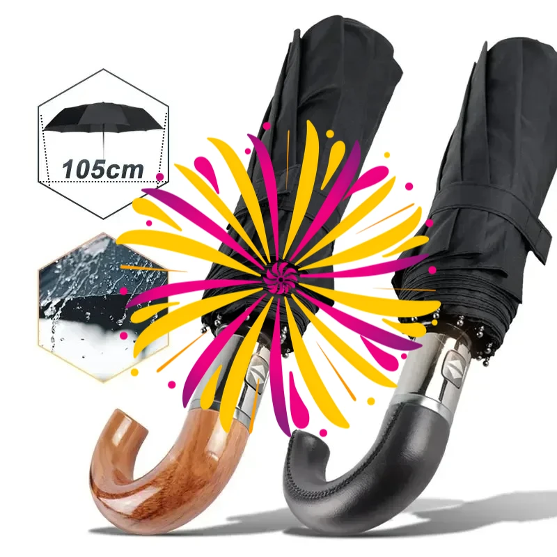 

Paraguas con mango de cuero británico para hombre y mujer, sombrilla automática de negocios, resistente al viento, 3 pliegues