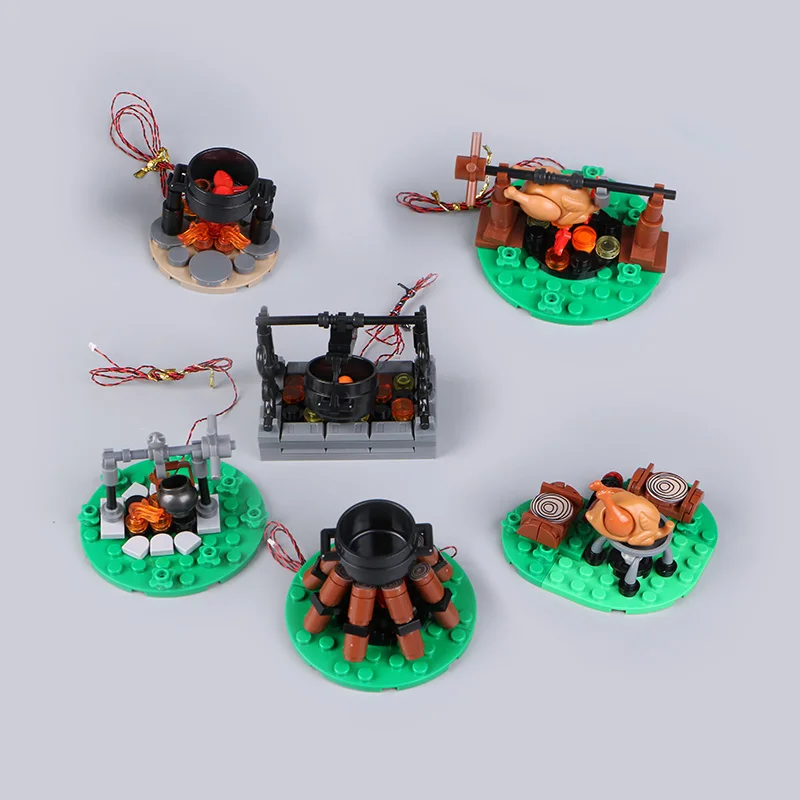

MOC LED Building Blocks Bonfire Flame Roasted Turkey Accessories Set Iron Pot Model Brick DIY Light Toy Gift