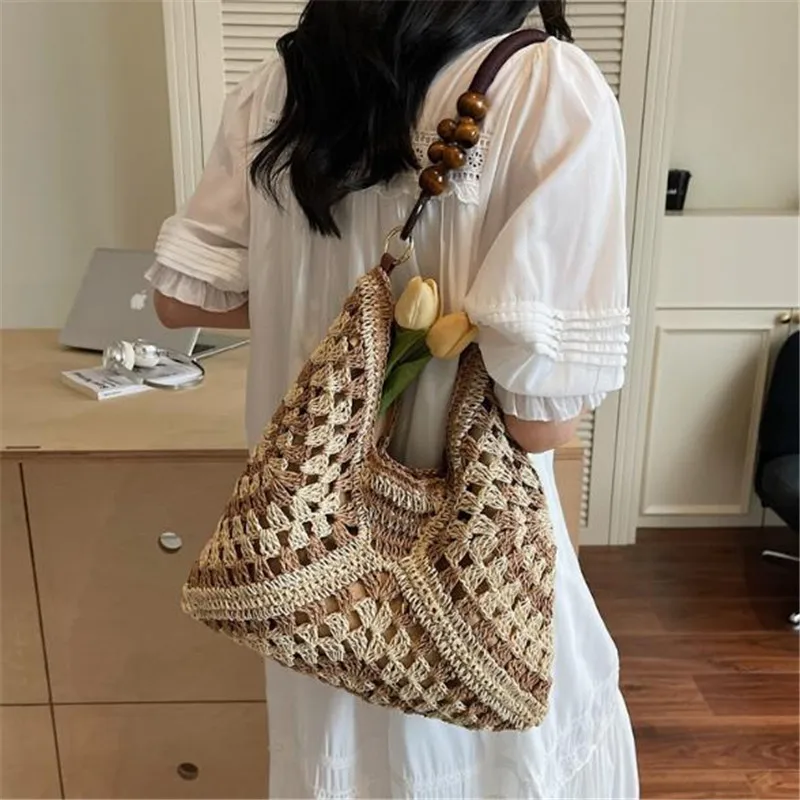 Boho Crochet Woven Tote Bag Wooden Bead Deco Handbag Shoulder Purse Large Capacity Underarm Bag for Women Beach Holiday Casual