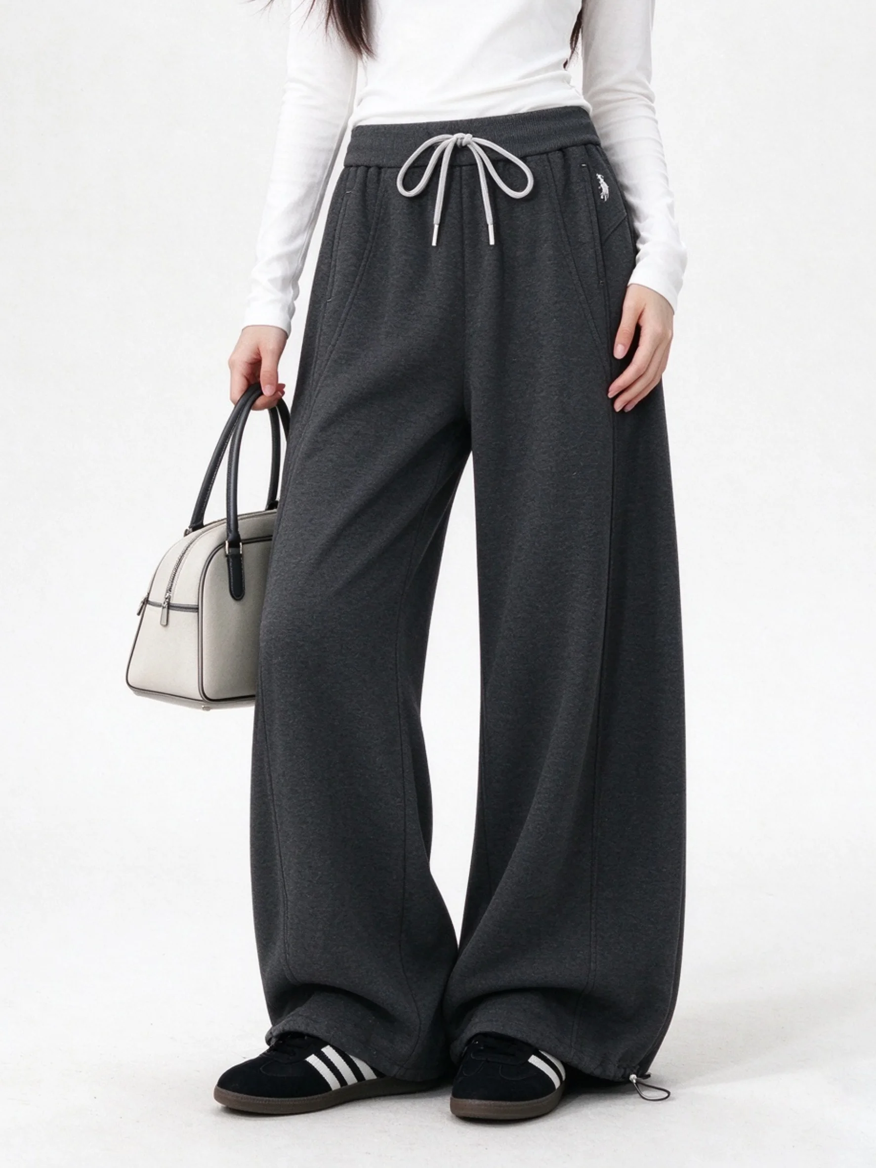 High Waist Drawstring Loose Fit Wide Leg Sweatpants Autumn Winter Fleece Lined Slimming Casual Pants Warm Comfortable