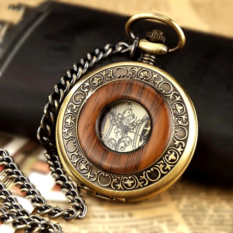 Reloj de bolsillo mecánico de madera maciza para hombres y mujeres, cadena FOB, medallón, Dial, hueco, esqueleto Steampunk, reloj masculino, paquete de caja