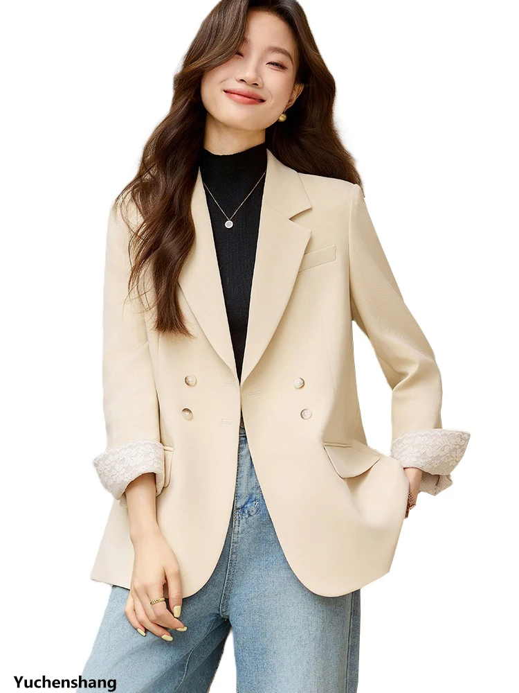 Beżowo-szaro-czarna damska marynarka casual damska luźna kurtka jesienno-zimowa