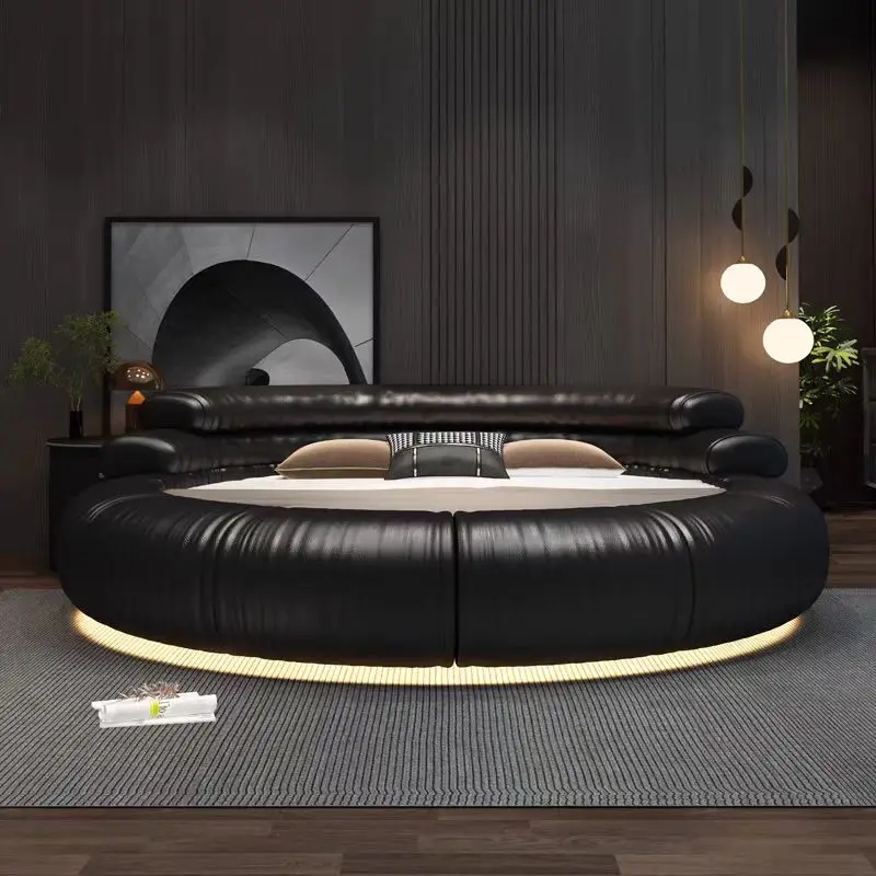 &*2025 Modern Latest Circle King Size Leather Cheap Round Shape Bed With Mattress Cheap Round Beds With Night Light