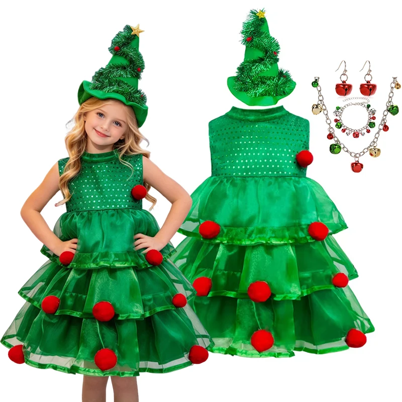 Kids Christmas Tree Costume Green Sleeveless Layered Tulle Dress with Full Accessories Girls Holiday Party Fancy Outfit Xmas