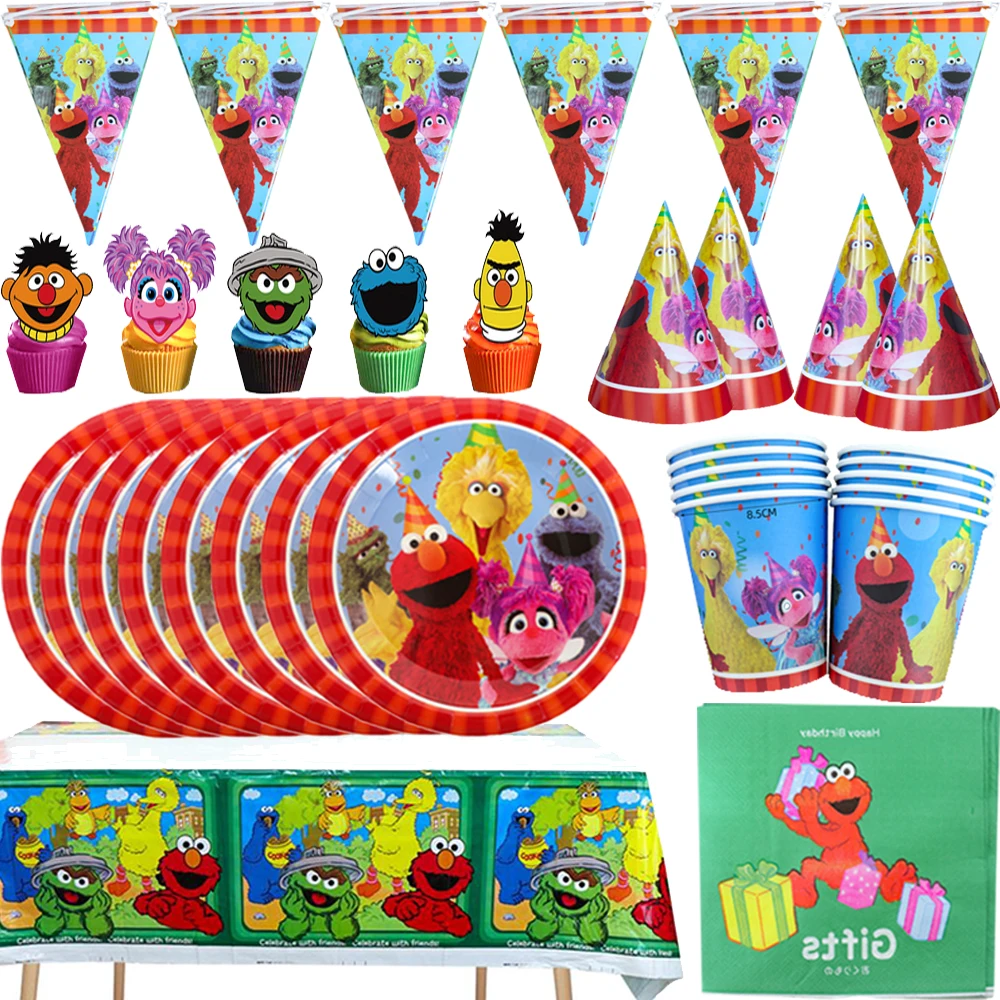 Cartoon Street Sesame Party Decoration Tableware Paper Plate Cup Straw Balloon Baby Shower Balloon Kids Birthday Party Supplies