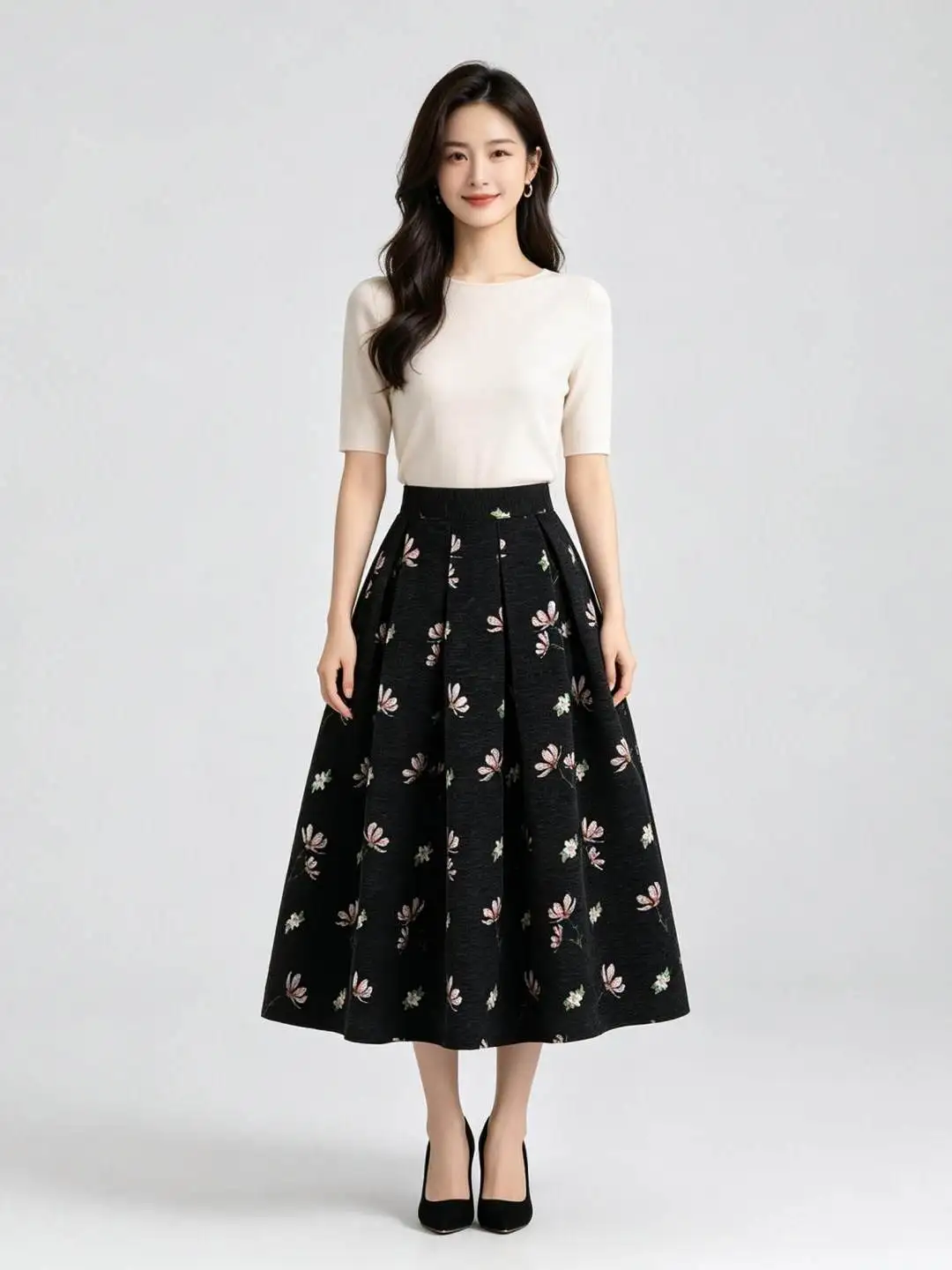 High Quality Autumn Winter Chenille Embroidery Mid-long Puffy Skirt Elegant Vintage Elastic Waist Casual A-line Umbrella Skirts