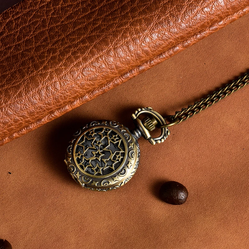 Retro pocket watch hollow star quartz watch along the star pattern pocket watch flip long necklace watch