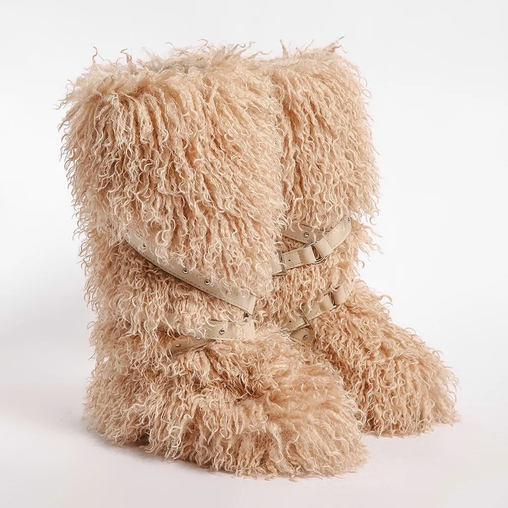 

Punk-Inspired Faux Lamb Fur Snow Boots Platform Sole Height Boost Fluffy Plush Lining Non-Slip Womens Winter Daily Outdoor Boots
