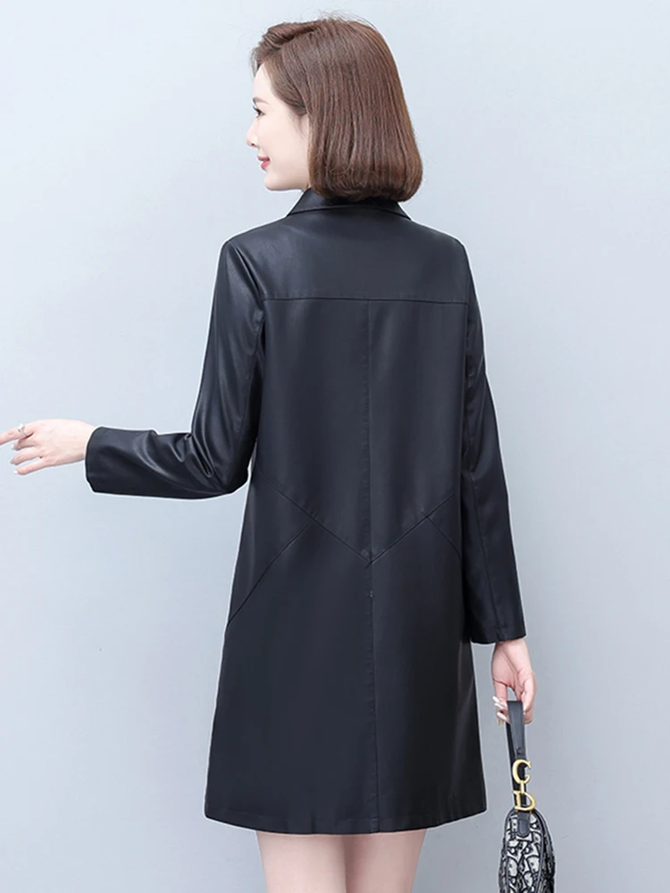 New Women Spring Autumn Leather Coat Casual Fashion Plus Cotton Lining Medium Long Loose Sheepskin Trench Coat Mother Topcoat