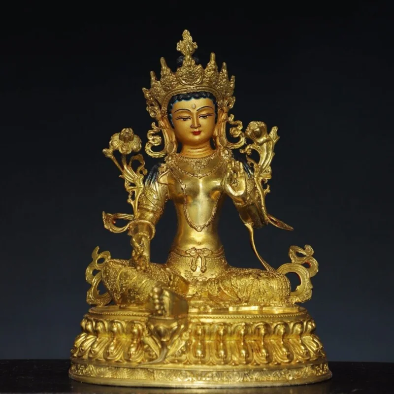 

12" China old Tibetan Buddhism temple Bronze gilt Green Tara Bodhisattva statue