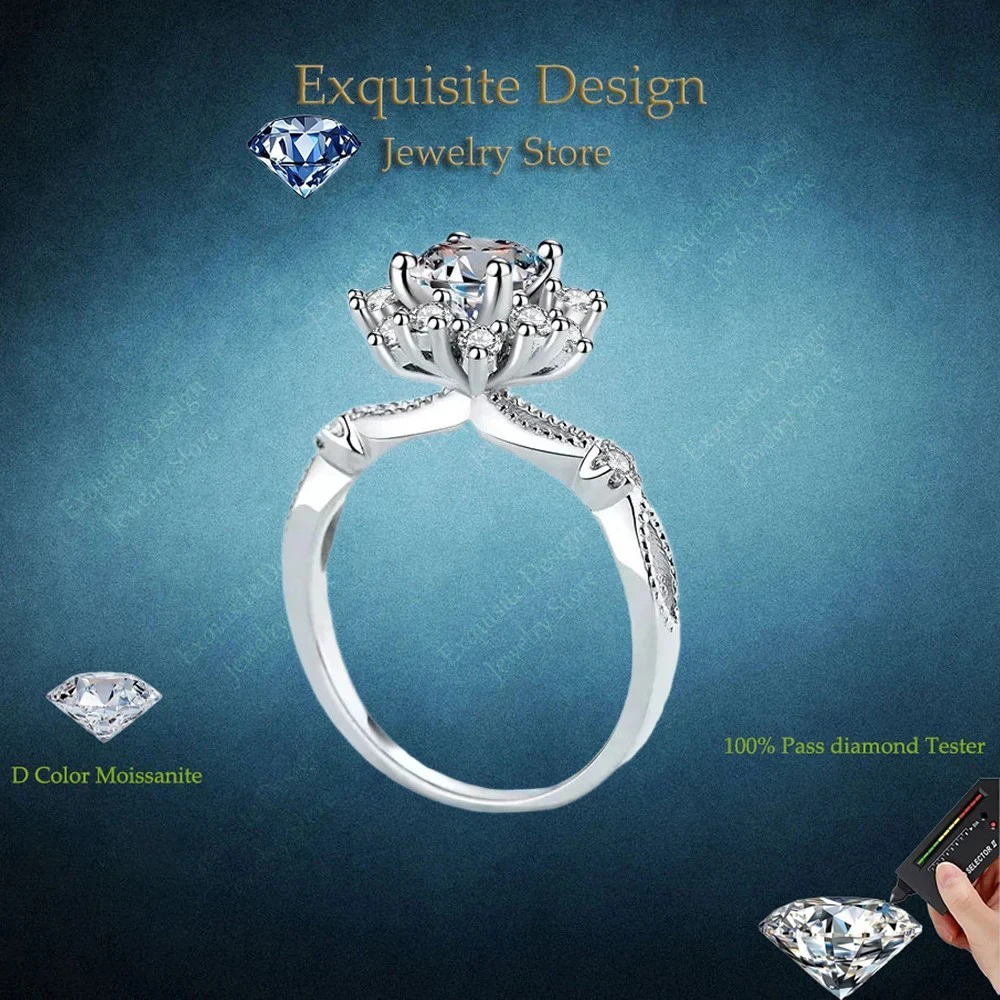 

Exquisite Design Peony Flower 0.5/1CT Moissanite Engagement Ring Jewelry 18K White Gold Romantic Gift To Her Resizable
