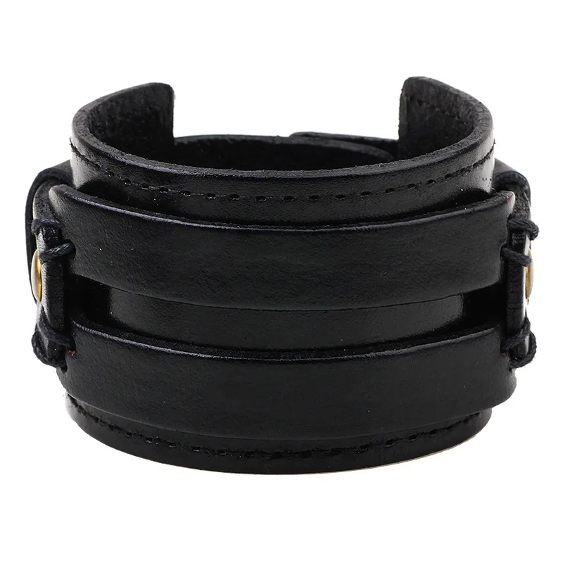 Kirykle Hollow Double Wide Leather Bracelets for Women Men Braid Rope Adjustable Bracelet PUNK Pulseira Jewelry Party Gift