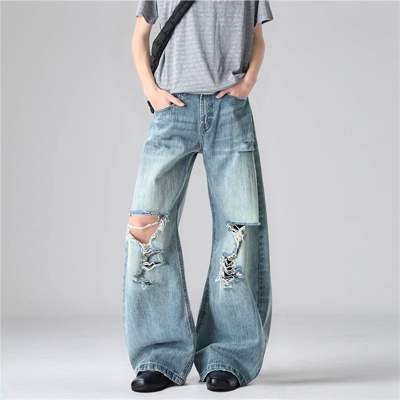 

Лето 2026, потертые джинсы в американском стиле, мужские дизайнерские однотонные повседневные брюки с широкими штанинами, свободные мужские джинсовые брюки Tide