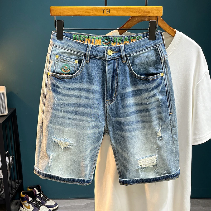 

TC5008 High Street Denim Shorts with Holes Men's Trendy Brand Elastic Slim Fit Embroidered Patch Mid-Length Pants High-end