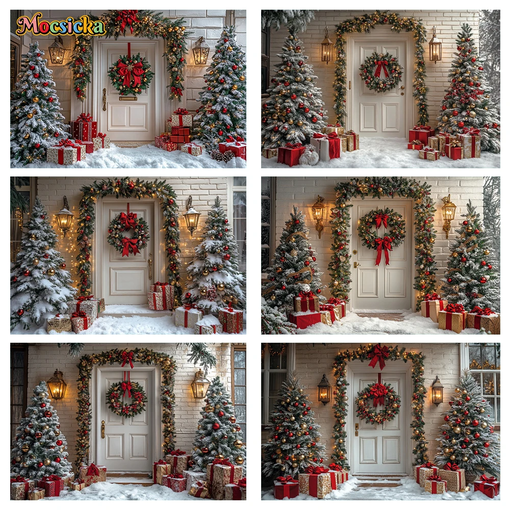 

Mocsicka Winter Christmas Photography Background Door Xmas Wreath Gifts Holiday Party Adults Children Photo Backdrops Studio