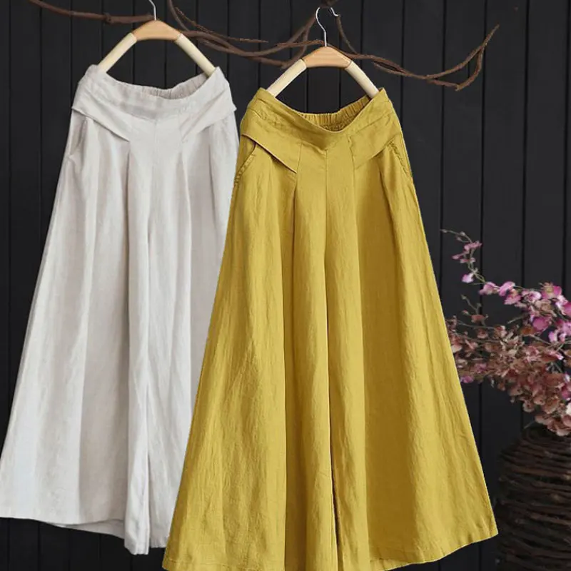 

Хлопковая льняная женская юбка с высокой талией, брюки с девятью точками, широкие брюки, брендовая юбка Bule, осенняя одежда для поездок на работу, чистый цвет