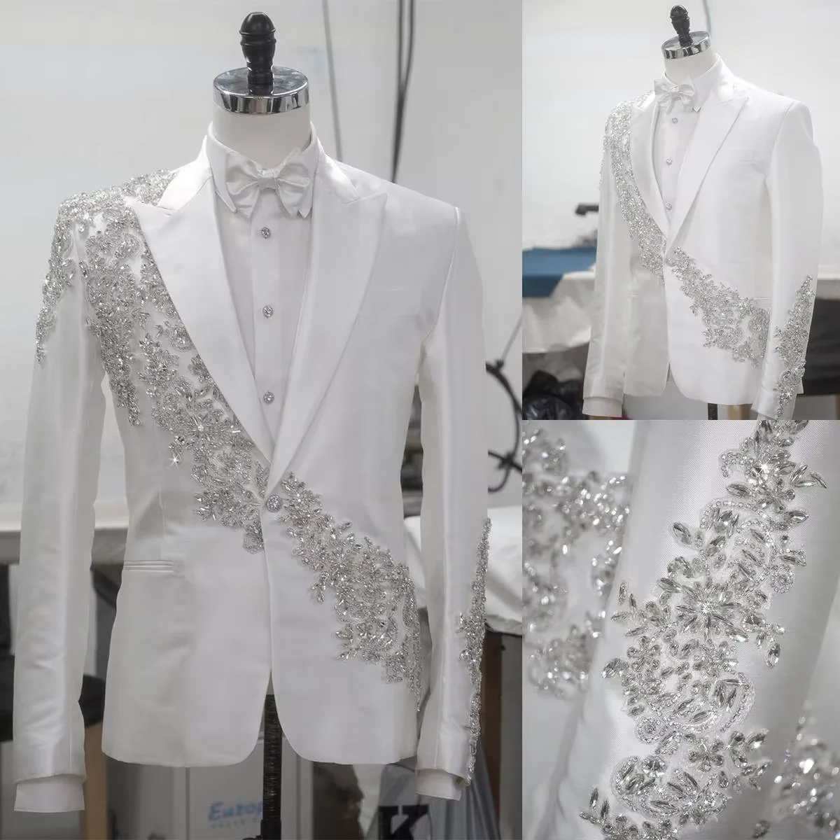 Men's Slim Fit 2 Piece Suits with Jewelry Decoration Elegant One Button Formal Party Prom Wedding Groom Attire