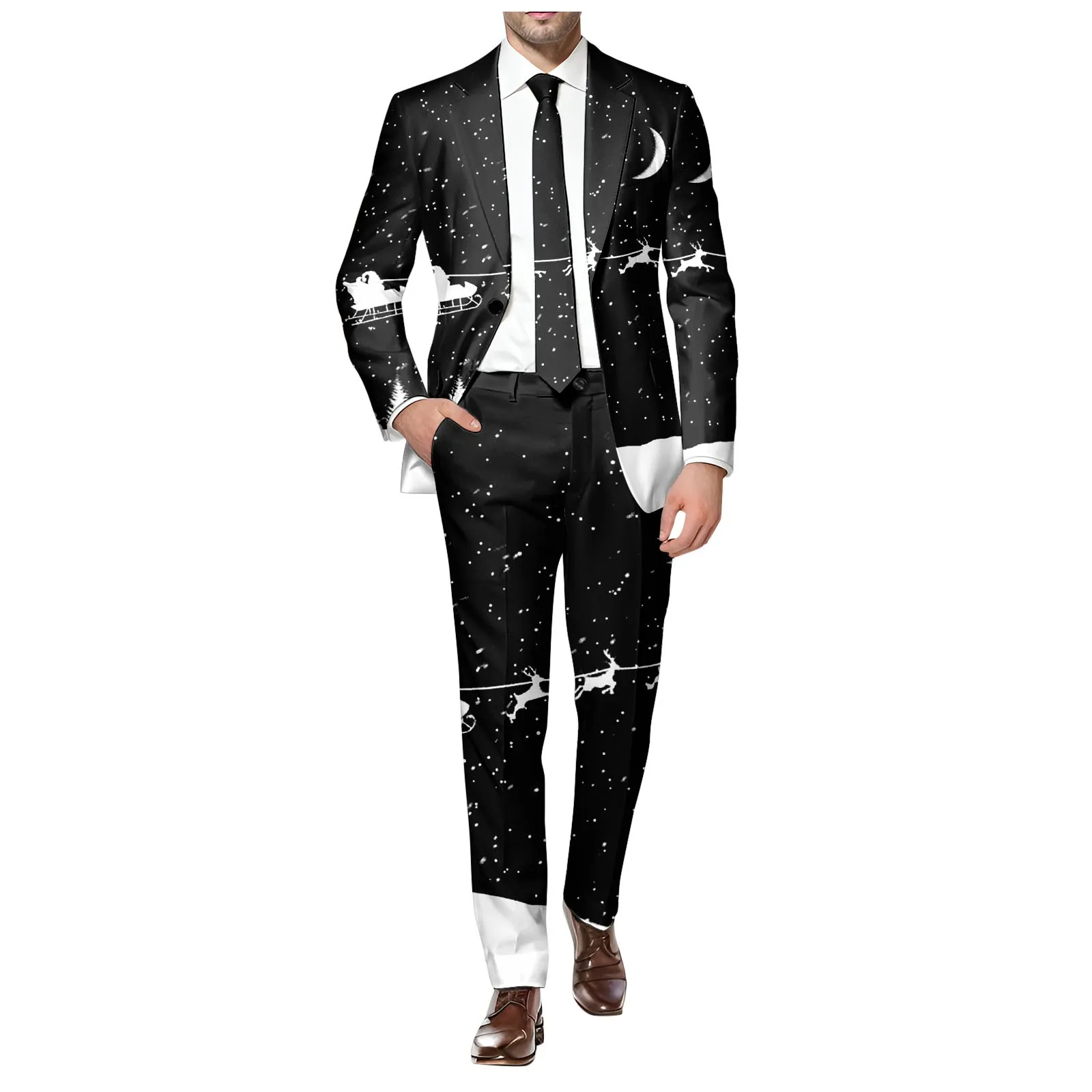 Men's Christmas Casual Suit Snowflake Elk Christmas Printed Pocket Lapel Button Suit Jacket Elegant Lapel Business black Jacket