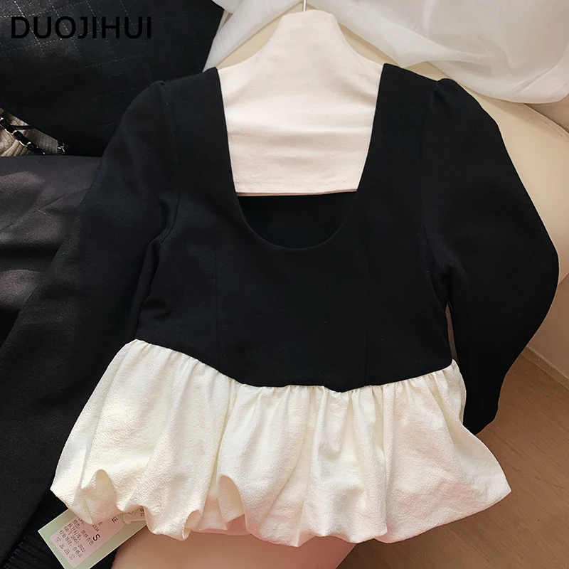 DUOJIHUI Autumn New Chic Neck Contrast Color Female Tops Korean Style Loose Simple Long Sleeve Fashion Slim Casualwomen Clothes