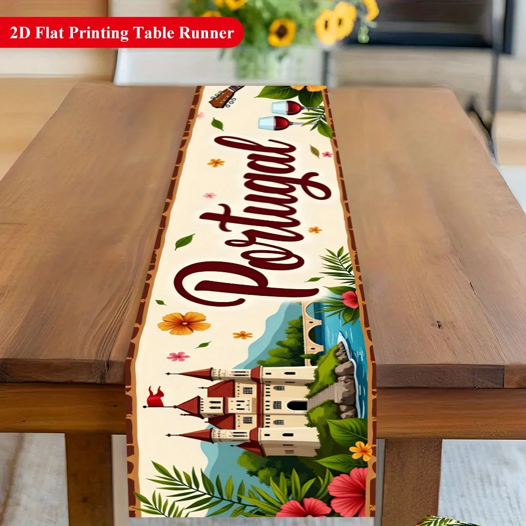 Portugal Scenic Diversity Print Table Runner - Vibrant Culture Motif Decoration for Dining Coffee Table Home Kitchen Feast
