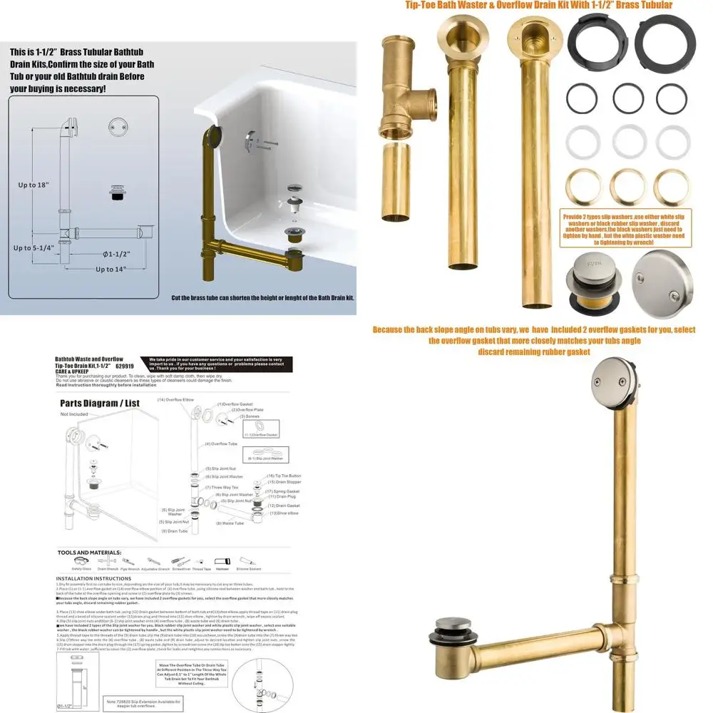 Kit Scarico Vasca Tubolare da 1.5 Pollici - Tappo a Pressione con Valvola di Troppo Pieno, Finitura Nichel Spazzolato