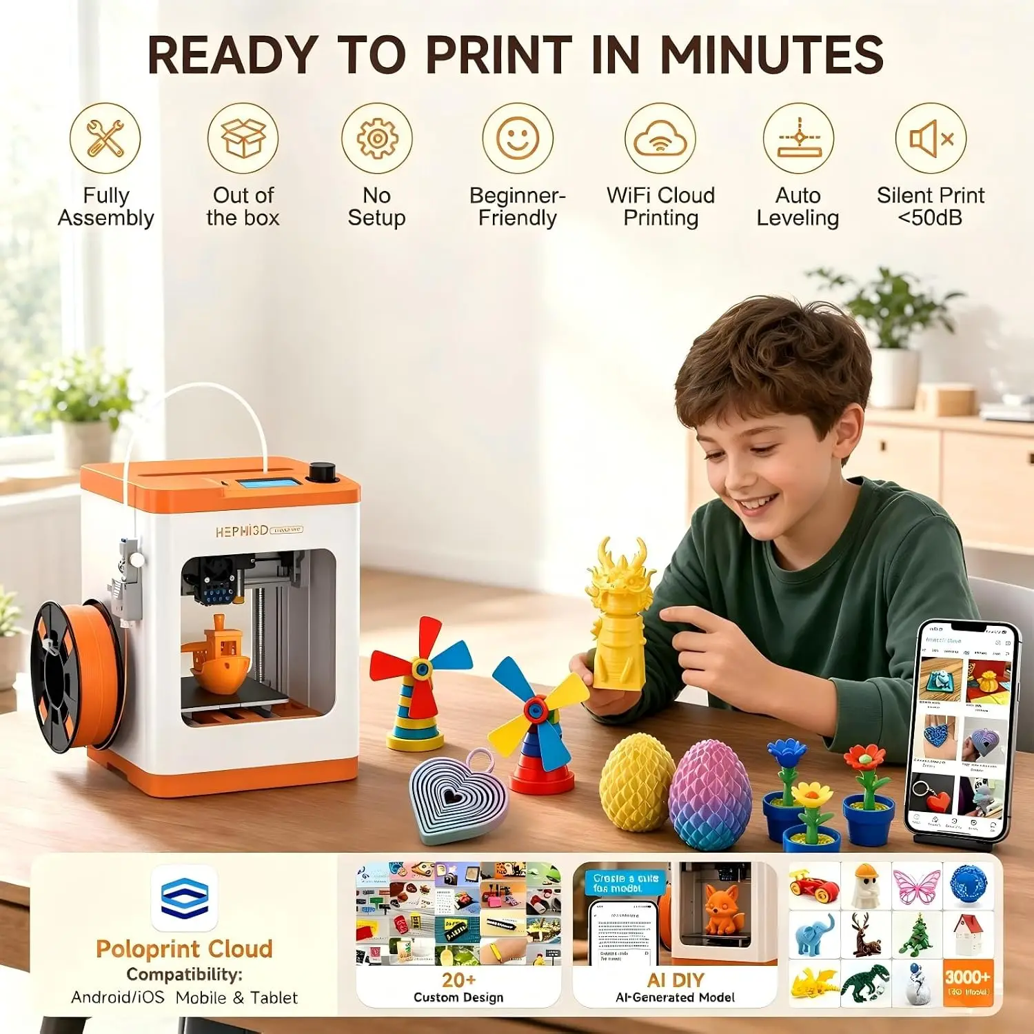 3D Printer Kids Beginners Fully Assembled Auto Leveling APP WiFi Control Huge Model Library Mini Home STEM
