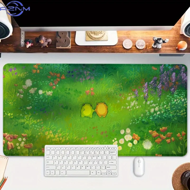 Extra-Large Frog-Themed Gaming Desk Mat & Mouse Pad - cm Green Wildflower Meadow with Cute Frog Characters, Non-Slip Rubber Base