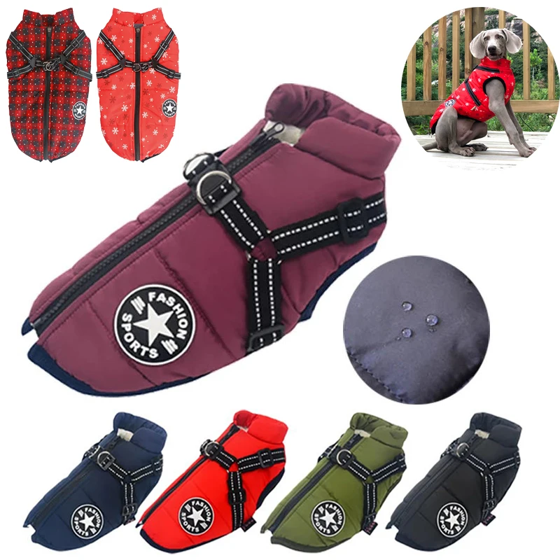 Free ship Large Pet Dog jacket With Harness Winter Soft Warm Dog Clothes Labrador French Bulldog Waterproof Coat Dog Vest