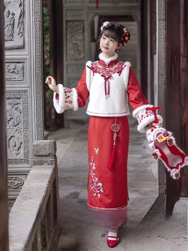 

Chuan Dai Time Red Tea Snow Chinese Sle Daily Embroidered Sweater V-Ne Dr Traditional New Year Outfit Women's Hanfu Set