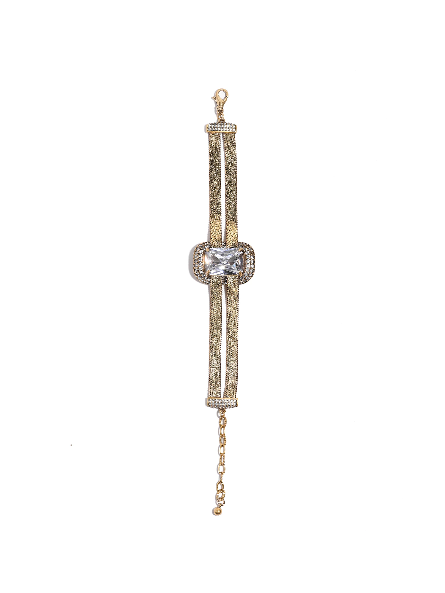 Interwoven Metal Texture Wrist Jewelry, Large Rectangle Stone Surrounded by Tiny Crystals, Vintage Style Evening Bracelet