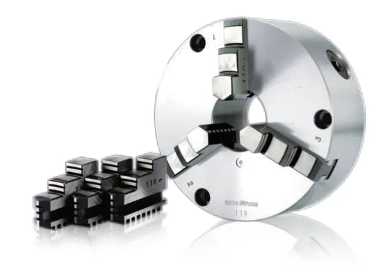 3 Jaw Scroll Chuck with Plain Back Solid Jaws (Front and Back Mounted) for High Speed Rotating Machine Tools