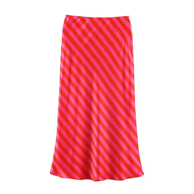 Maxdutti Women's 2026 Summer New Product Elastic Waist Striped Silk Satin Midi Half Length Skirt For Women
