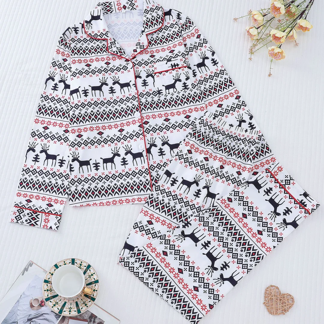 

Women's Pajama Christmas Elk Reindeer Print White and Black Lapel Short Sleeve Shorts Loungewear Cardigan Home Wear Set Clothes