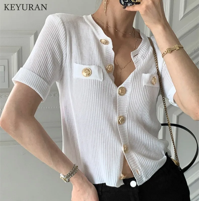 Woman Chic Cardigan Summer Elegant Temperament O-neck Big Button Design Slim Solid Versatile Female Short Knitting Top