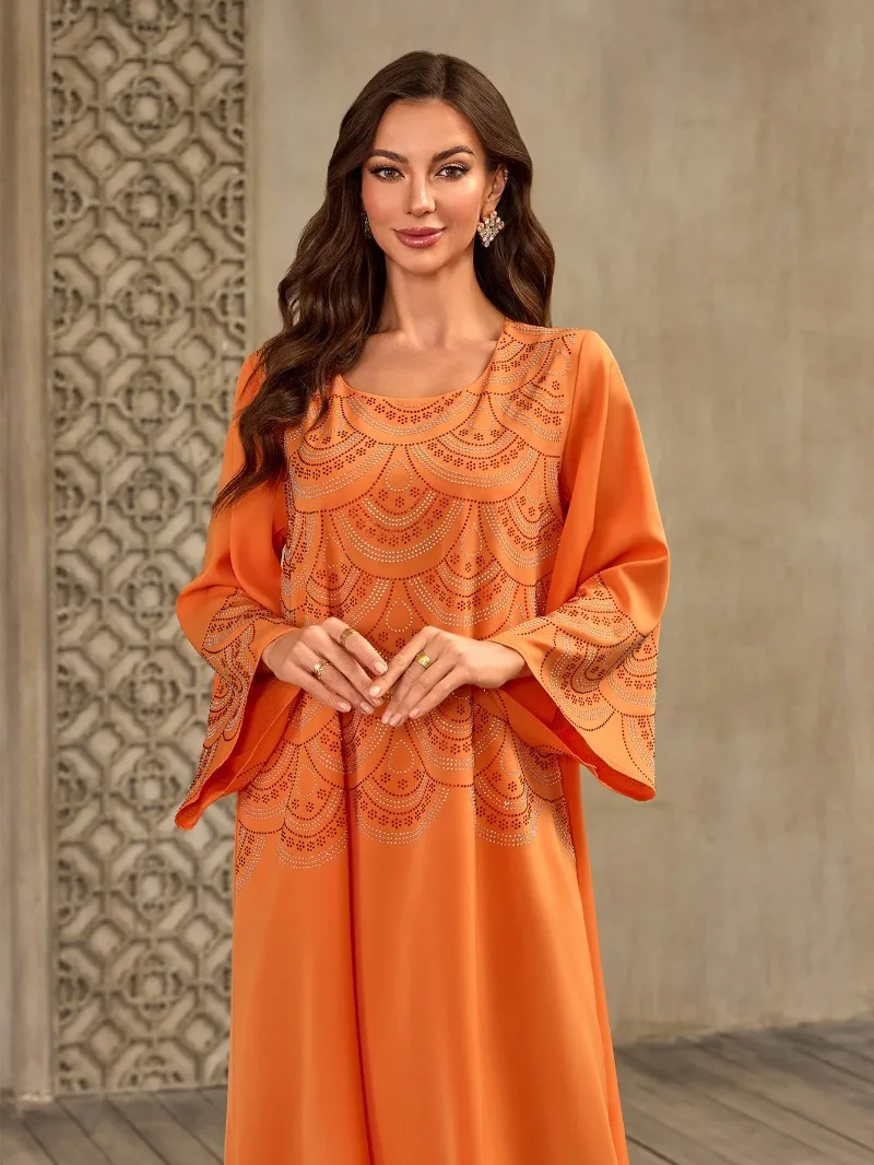 

Ramadan Arabian Loose Casual Maxi Dress for Women Dubai Turkey Long Sleeved Diamond Abaya Fashion Muslim O-neck Lady Party Gown