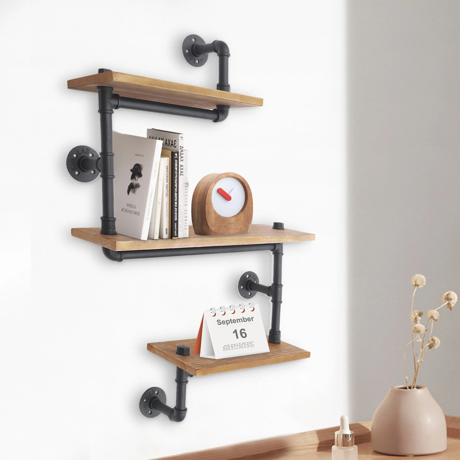 CNCEST Wall Bookcase Shelf Wood Industrial Pipe Shelves Suspension Shelf Hanging Pipe Shelf 3 Levels for Living Room Bedroom