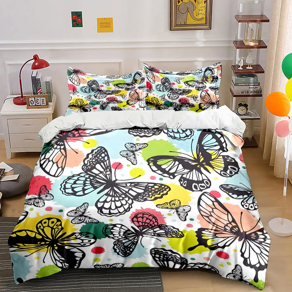 

Black line art butterflies on colorful Pattern Duvet Cover Set Digital Print Colorful Polyester Bedding with Zipper Closur
